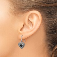 Sterling Silver RH-plated Antiqued Onyx & Marcasite Heart Dangle Earrings view 3