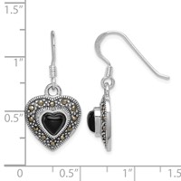 Sterling Silver RH-plated Antiqued Onyx & Marcasite Heart Dangle Earrings view 4