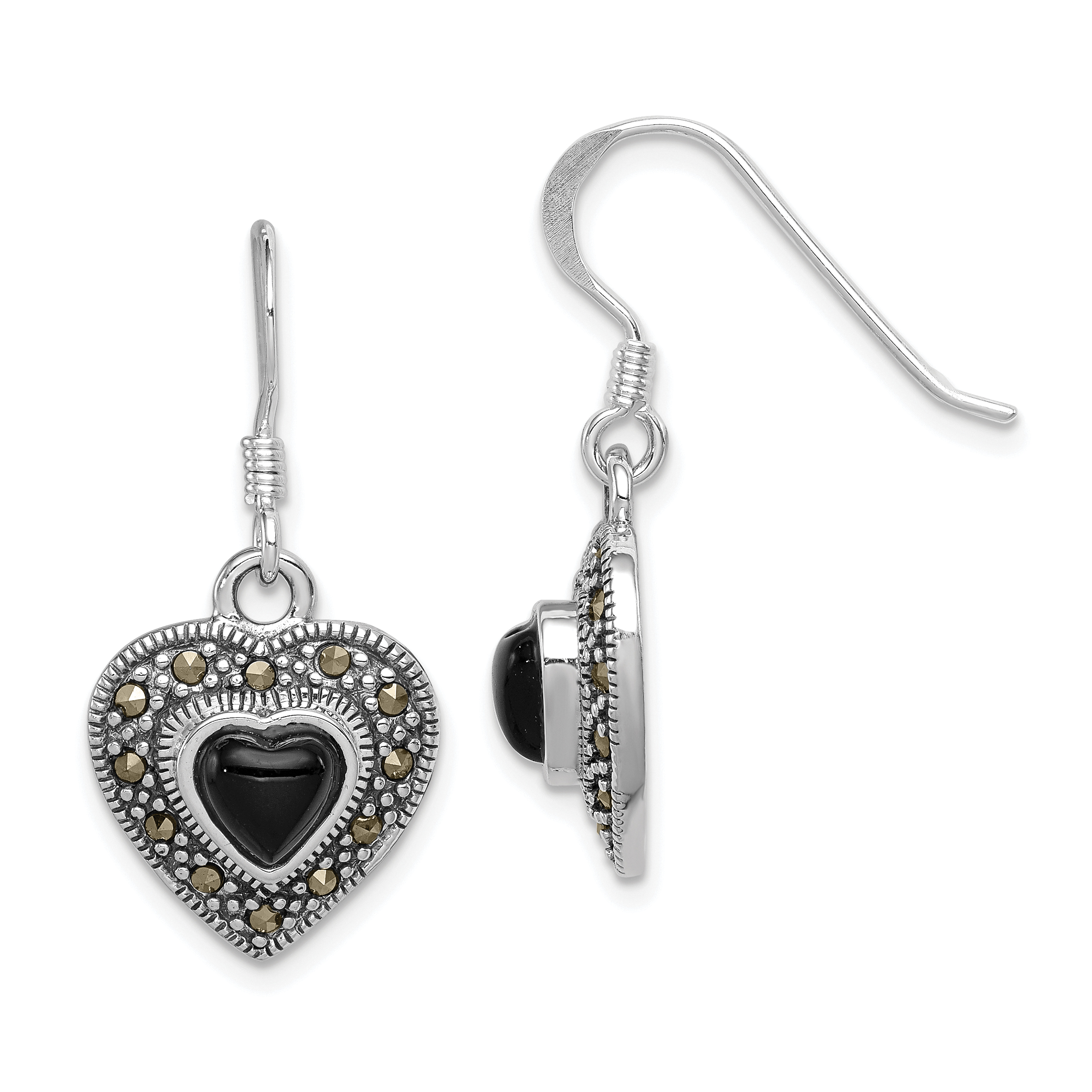 Sterling Silver RH-plated Antiqued Onyx & Marcasite Heart Dangle Earrings (QE1437)