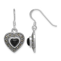 Sterling Silver RH-plated Antiqued Onyx & Marcasite Heart Dangle Earrings view 1