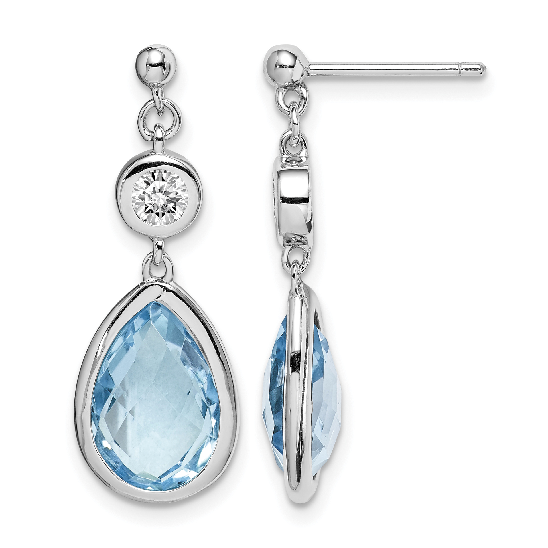Sterling Silver Rhodium-plated White and Blue Topaz Post Dangle Earrings (QE14375)