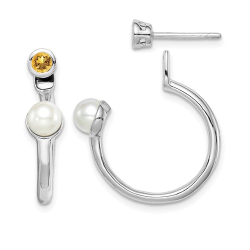 Sterling Silver Rhodium-plated Fwc Pearl Citrine Front & Back Post Earrings
