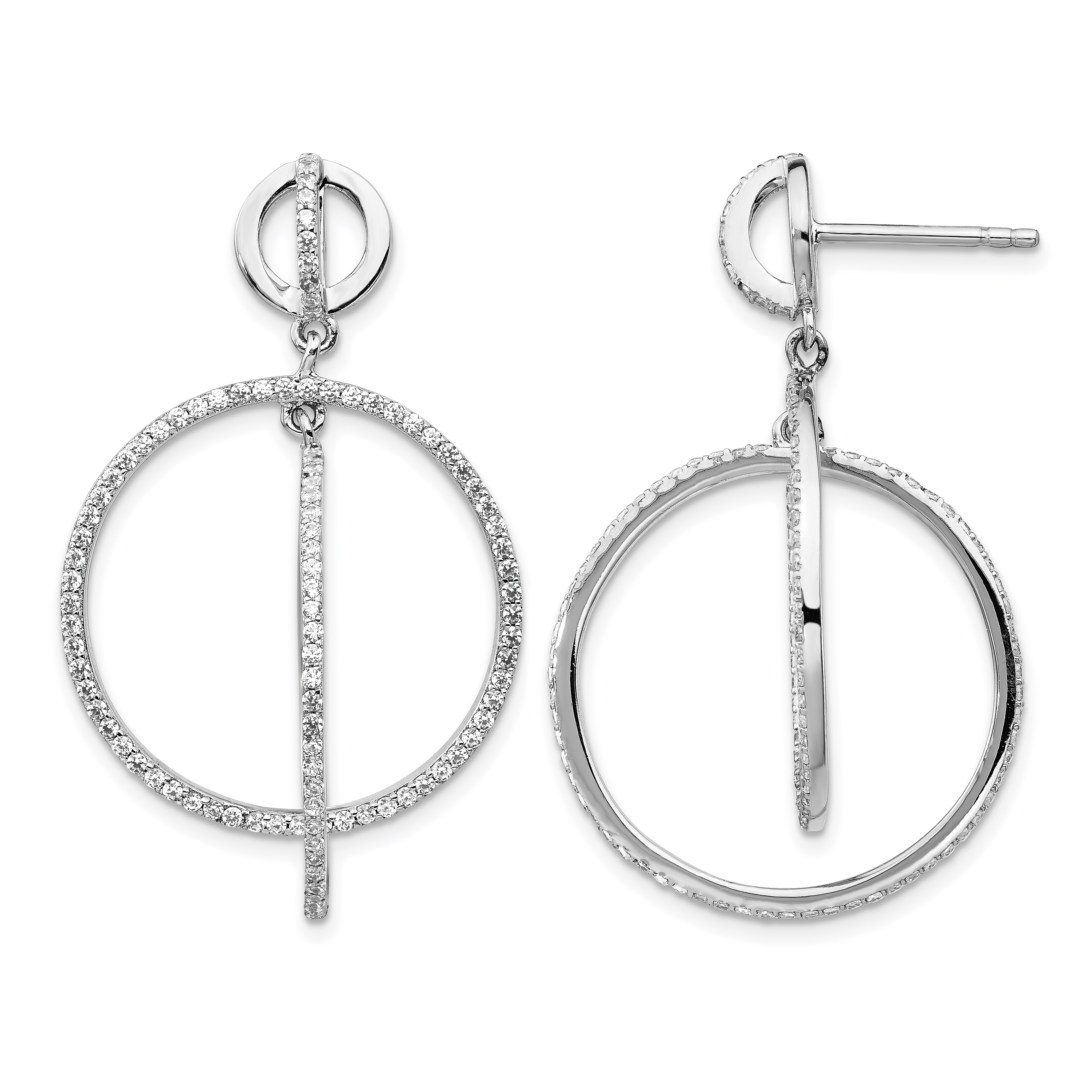 Sterling Silver Rhodium-plated CZ Circles Dangle Post Earrings (QE14412)