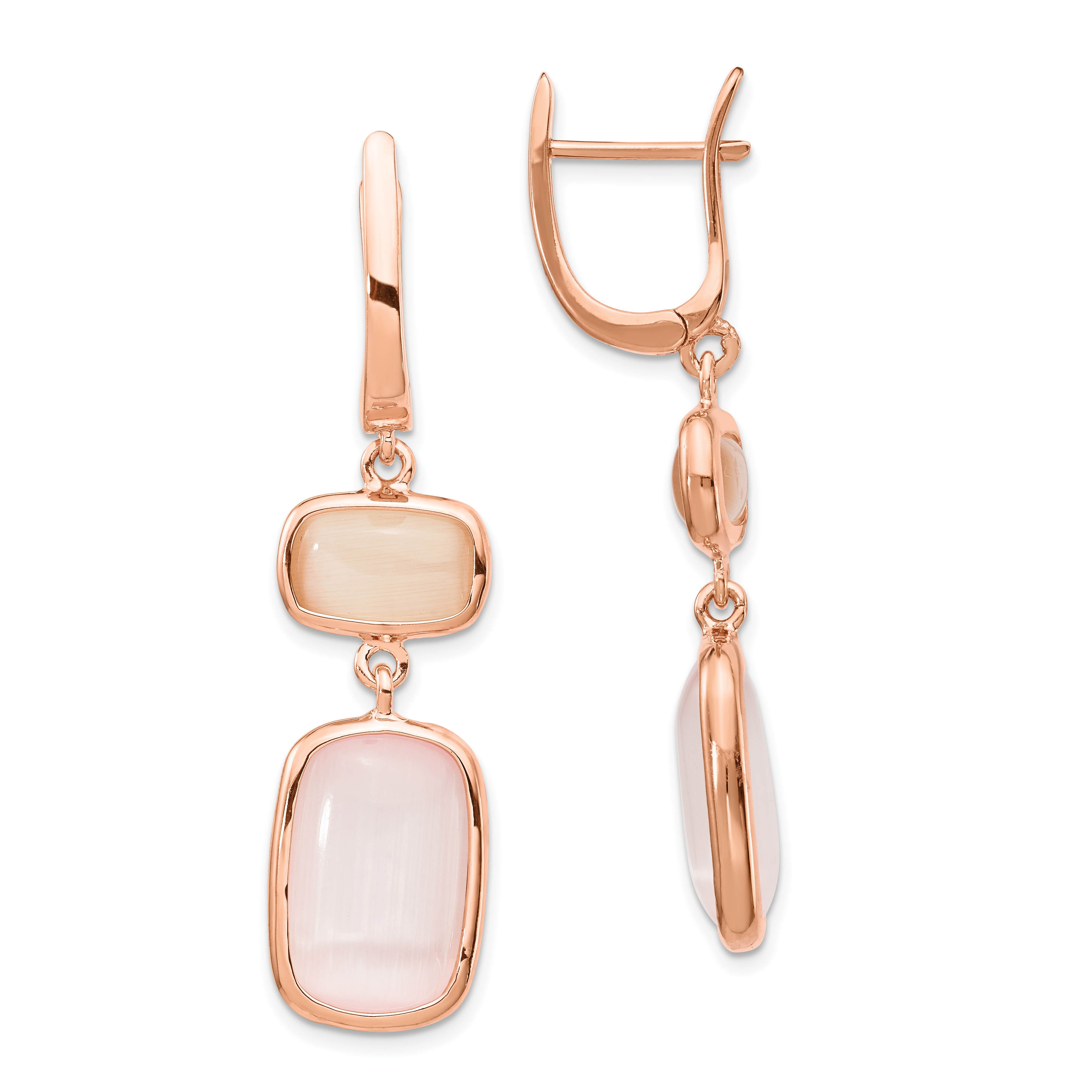 Sterling Silver Rose-tone Created Pink Cats Eye Dangle Earrings (QE14419)