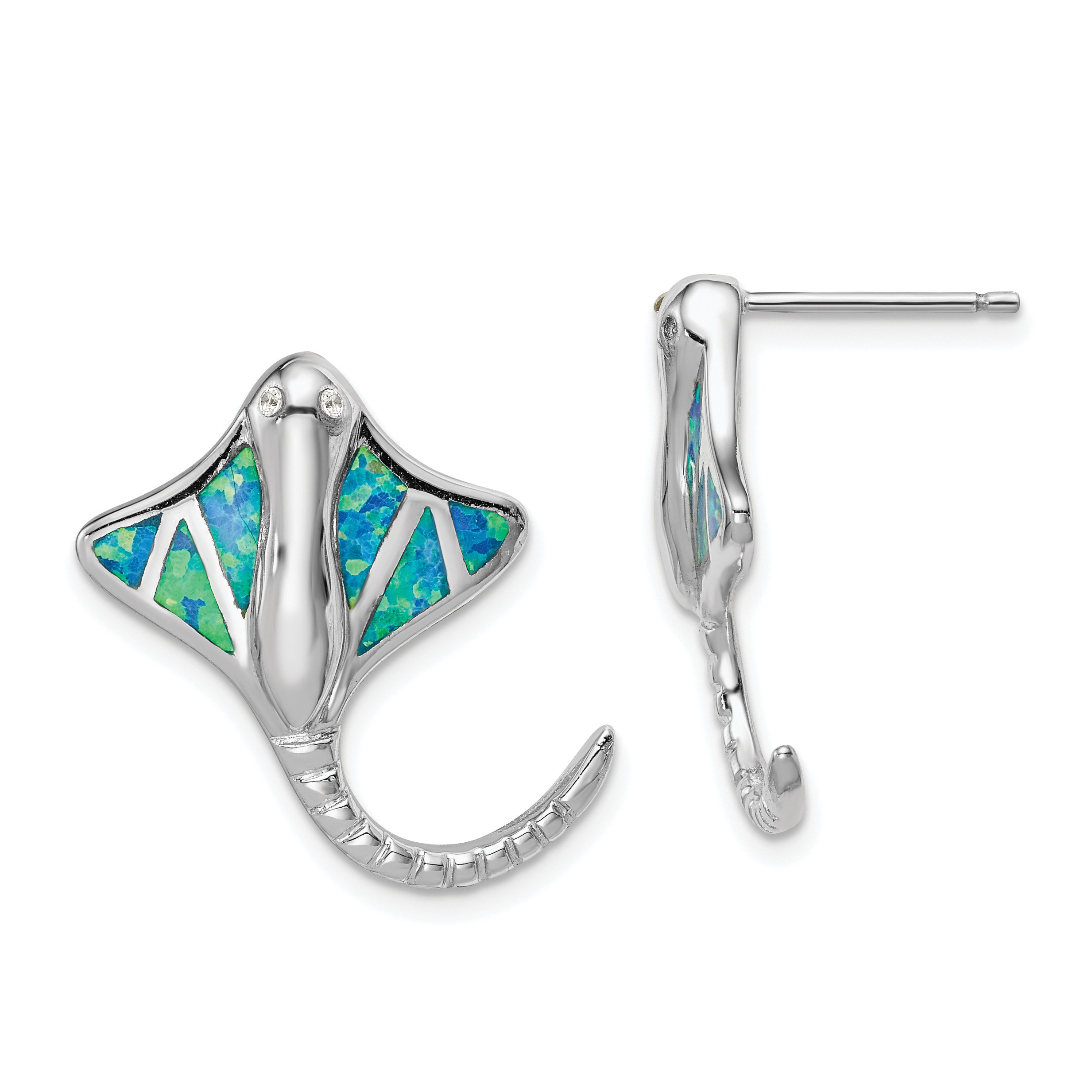 Sterling Silver Rhodium-plated Created Blue Opal Stingray Post Earrings (QE14445)