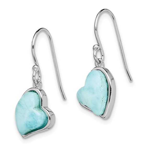 Sterling Silver Rhodium-plated Light Blue Larimar Heart Dangle Earrings