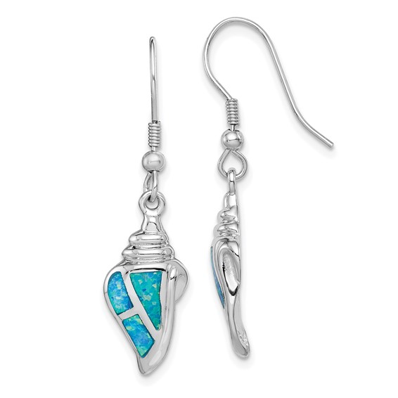 Sterling Silver Rhodium-plated Created Blue Opal Seashell Dangle Earrings