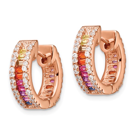 Prizma Sterling Silver Rose-tone 14K Flash Rose Gold-plated White and Colorful Baguette CZ Hinged Hoop Earrings
