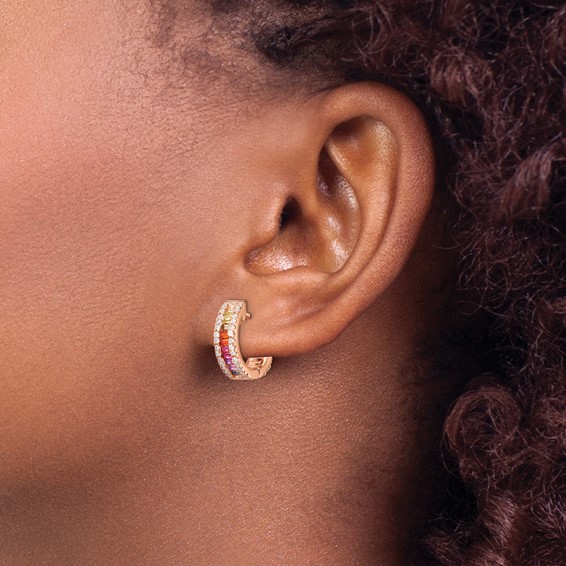 Prizma Sterling Silver Rose-tone 14K Flash Rose Gold-plated White and Colorful Baguette CZ Hinged Hoop Earrings