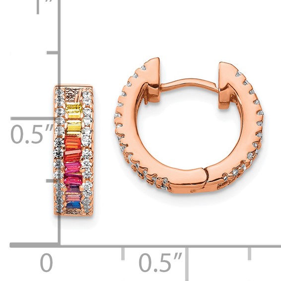 Prizma Sterling Silver Rose-tone 14K Flash Rose Gold-plated White and Colorful Baguette CZ Hinged Hoop Earrings