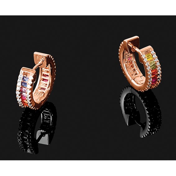 Prizma Sterling Silver Rose-tone 14K Flash Rose Gold-plated White and Colorful Baguette CZ Hinged Hoop Earrings