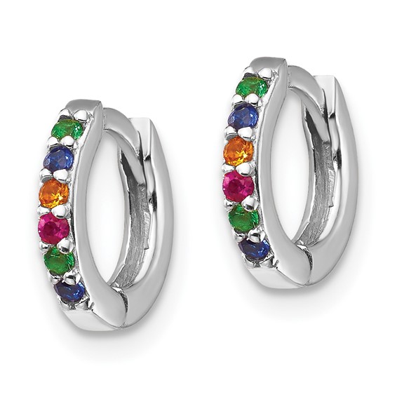 Prizma Sterling Silver Rhodium-plated Colorful CZ Small Hinged Hoop Earrings