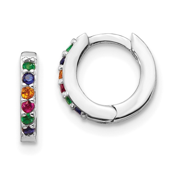 Prizma Sterling Silver Rhodium-plated Colorful CZ Small Hinged Hoop Earrings