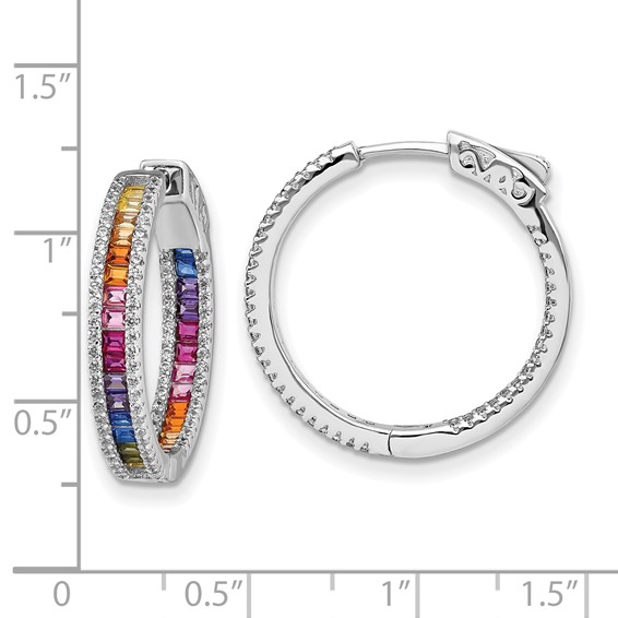 Prizma Sterling Silver Rhodium-plated White and Colorful CZ In and Out Hinged Hoop Earrings