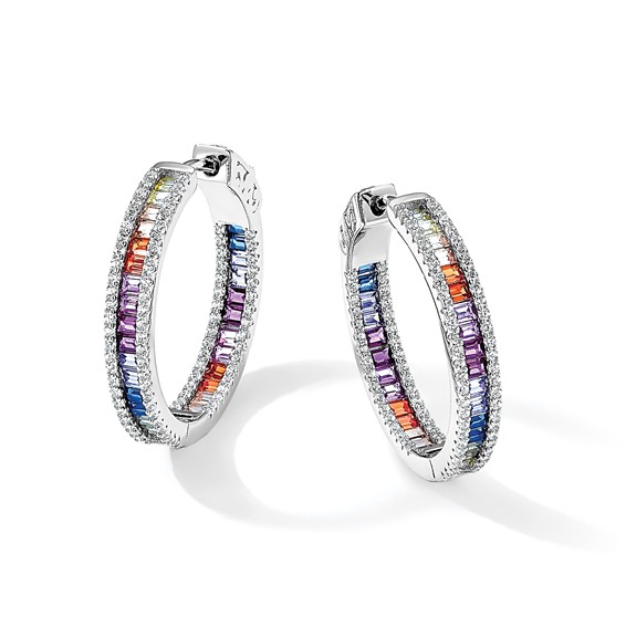 Prizma Sterling Silver Rhodium-plated White and Colorful CZ In and Out Hinged Hoop Earrings