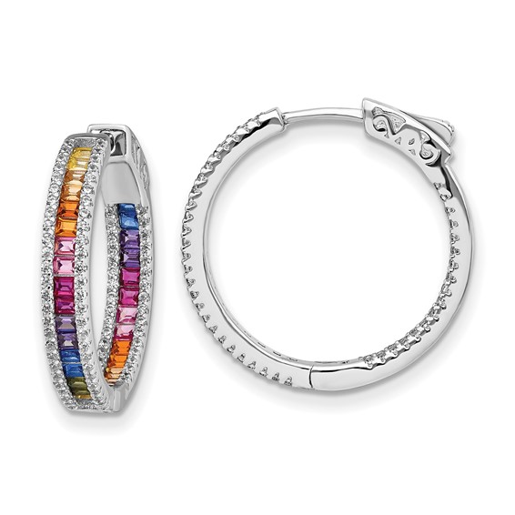 Prizma Sterling Silver Rhodium-plated White and Colorful CZ In and Out Hinged Hoop Earrings