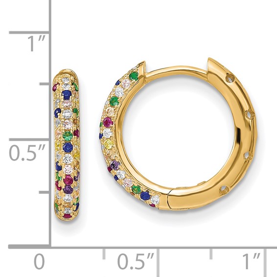 Prizma Sterling Silver Gold-tone 14K Flash Gold-plated White and Colorful CZ Small Hinged Hoop Earrings