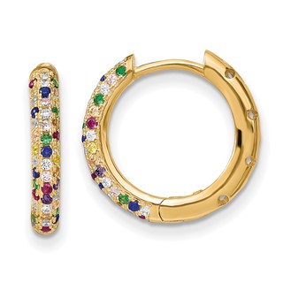 Prizma Sterling Silver Gold-tone 14K Flash Gold-plated White and Colorful CZ Small Hinged Hoop Earrings