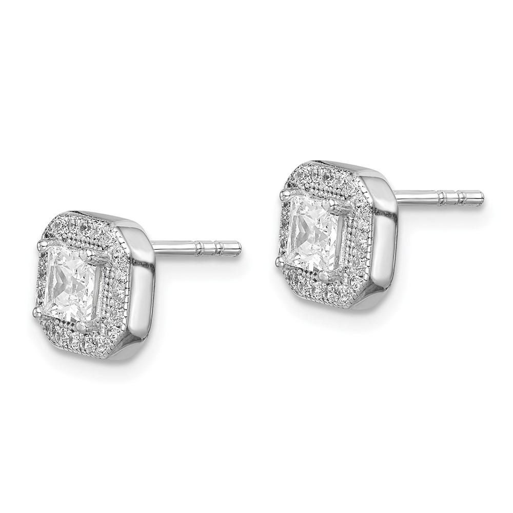 Sterling Silver Rhodium Plated Square Clear Center and Clear CZ Post Earrings (QE14470APR)