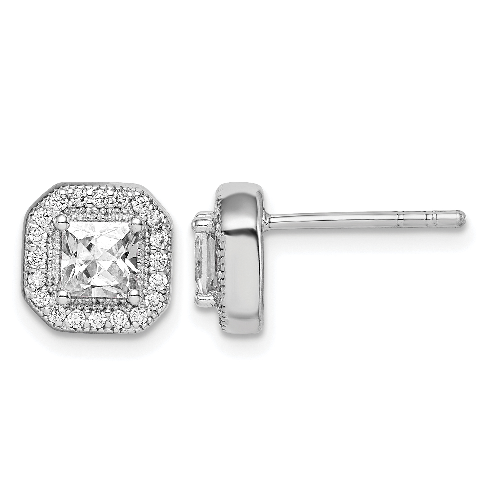 Sterling Silver Rhodium Plated Square Clear Center and Clear CZ Post Earrings (QE14470APR)