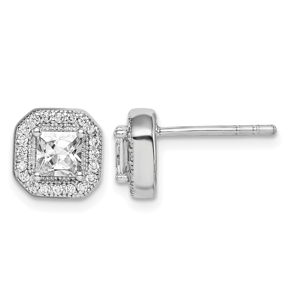 Sterling Silver Rhodium Plated Square Clear Center and Clear CZ Post Earrings (QE14470APR)