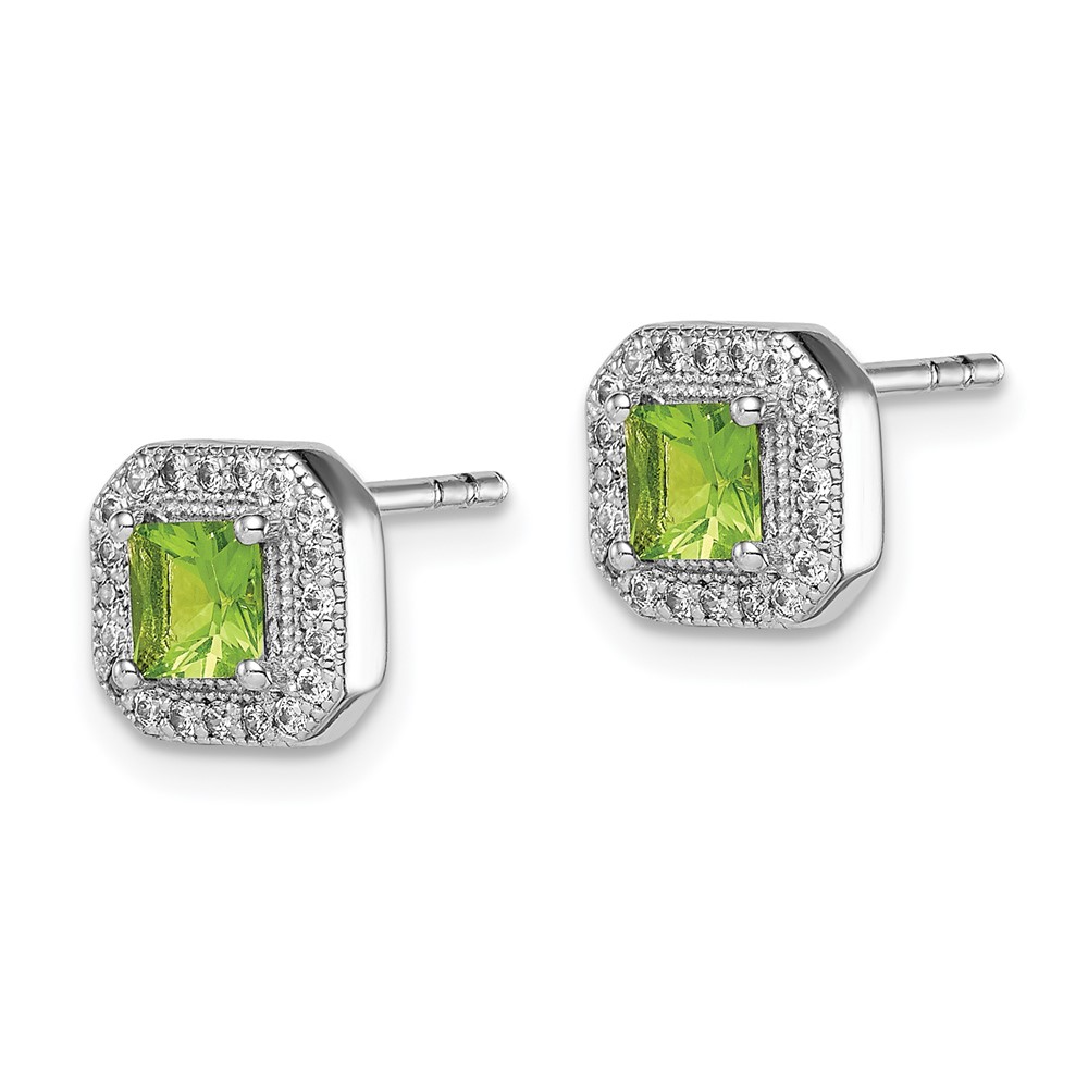 Sterling Silver Rhodium Plated Square Green and Clear CZ Post Earrings (QE14470AUG)