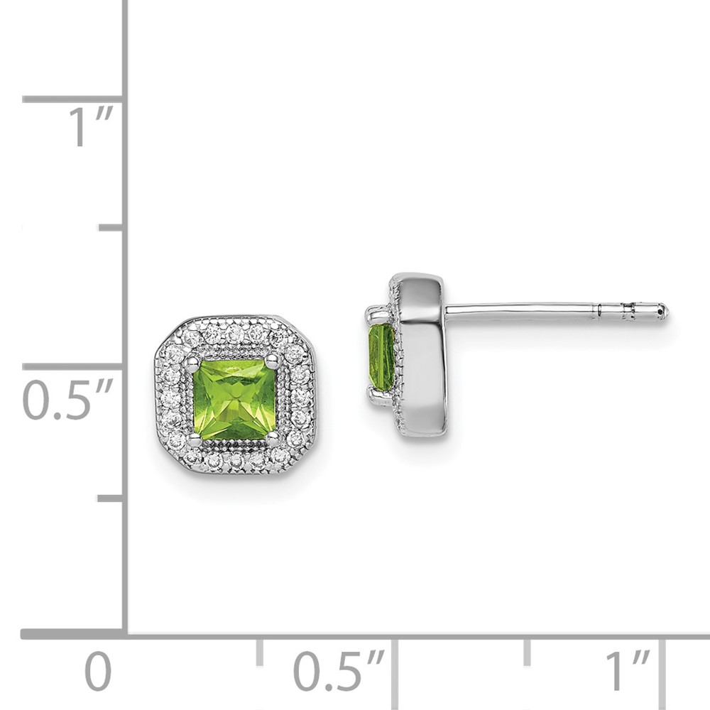 Sterling Silver Rhodium Plated Square Green and Clear CZ Post Earrings (QE14470AUG)