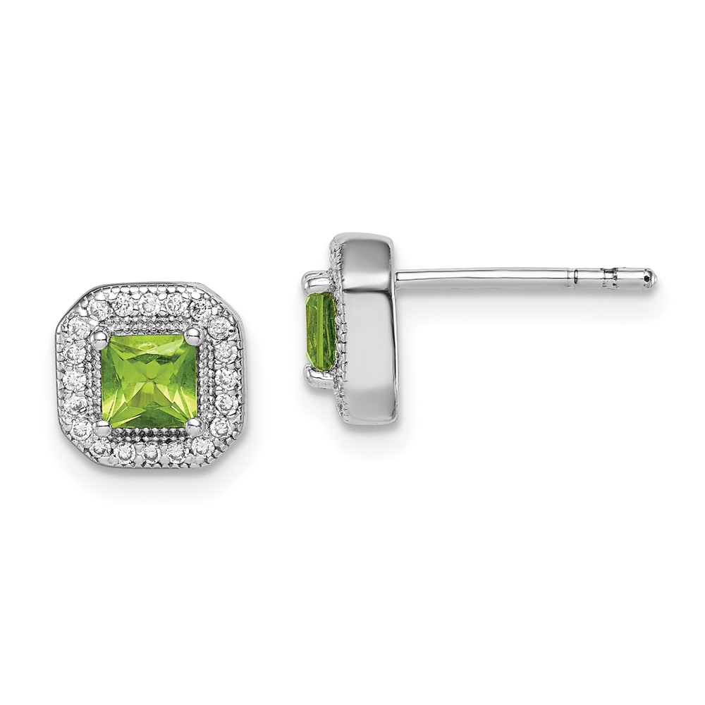 Sterling Silver Rhodium Plated Square Green and Clear CZ Post Earrings (QE14470AUG)