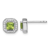 Sterling Silver Rhodium Plated Square Green and Clear CZ Post Earrings view 1