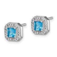 Sterling Silver Rhodium Plated Square Blue and Clear CZ Post Earrings view 2