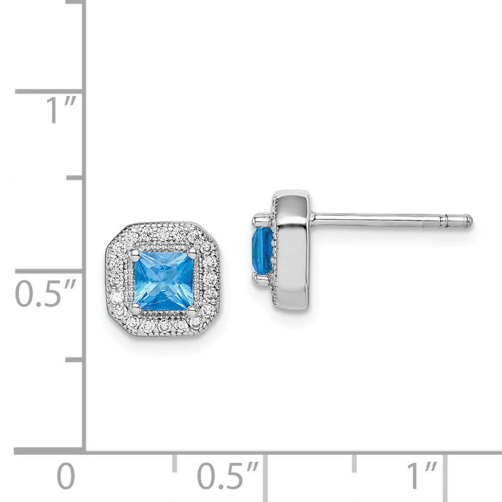 Sterling Silver Rhodium Plated Square Blue and Clear CZ Post Earrings (QE14470DEC)