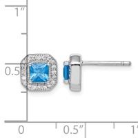 Sterling Silver Rhodium Plated Square Blue and Clear CZ Post Earrings view 4