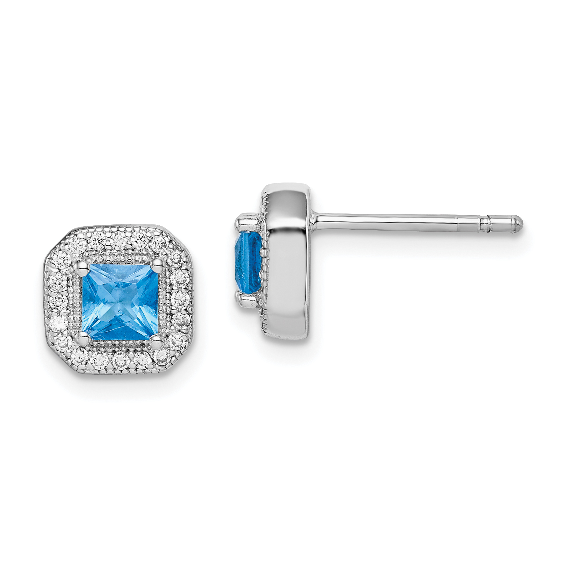 Sterling Silver Rhodium Plated Square Blue and Clear CZ Post Earrings (QE14470DEC)