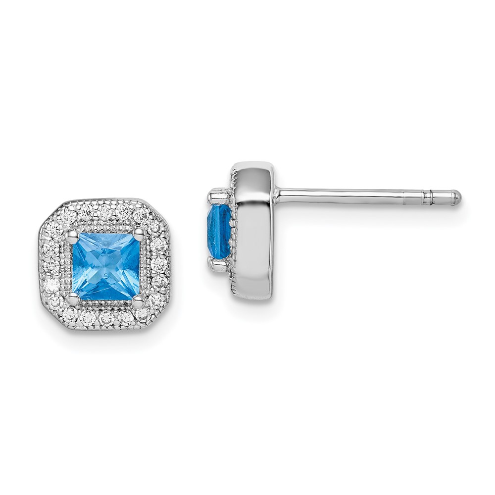 Sterling Silver Rhodium Plated Square Blue and Clear CZ Post Earrings (QE14470DEC)