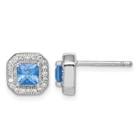 Sterling Silver Rhodium Plated Square Blue and Clear CZ Post Earrings view 1