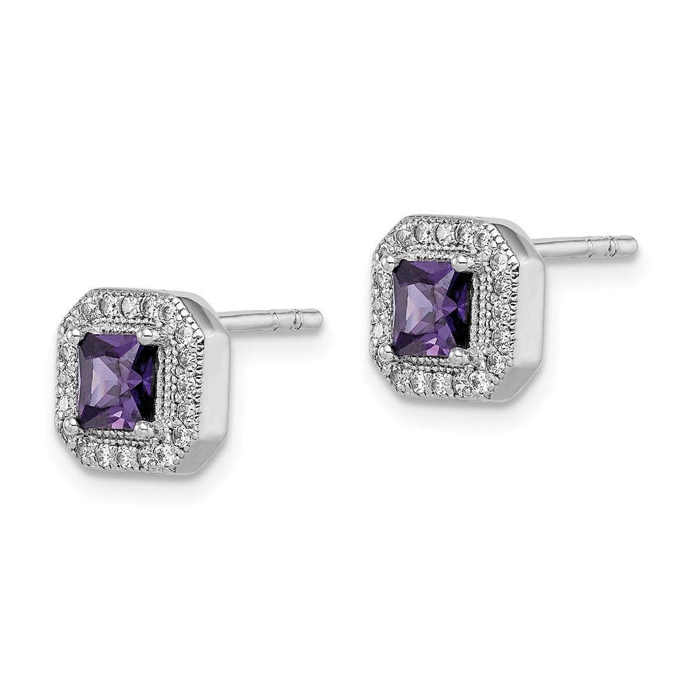 Sterling Silver Rhodium Plated Square Purple CZ and Clear CZ Post Earrings (QE14470FEB)