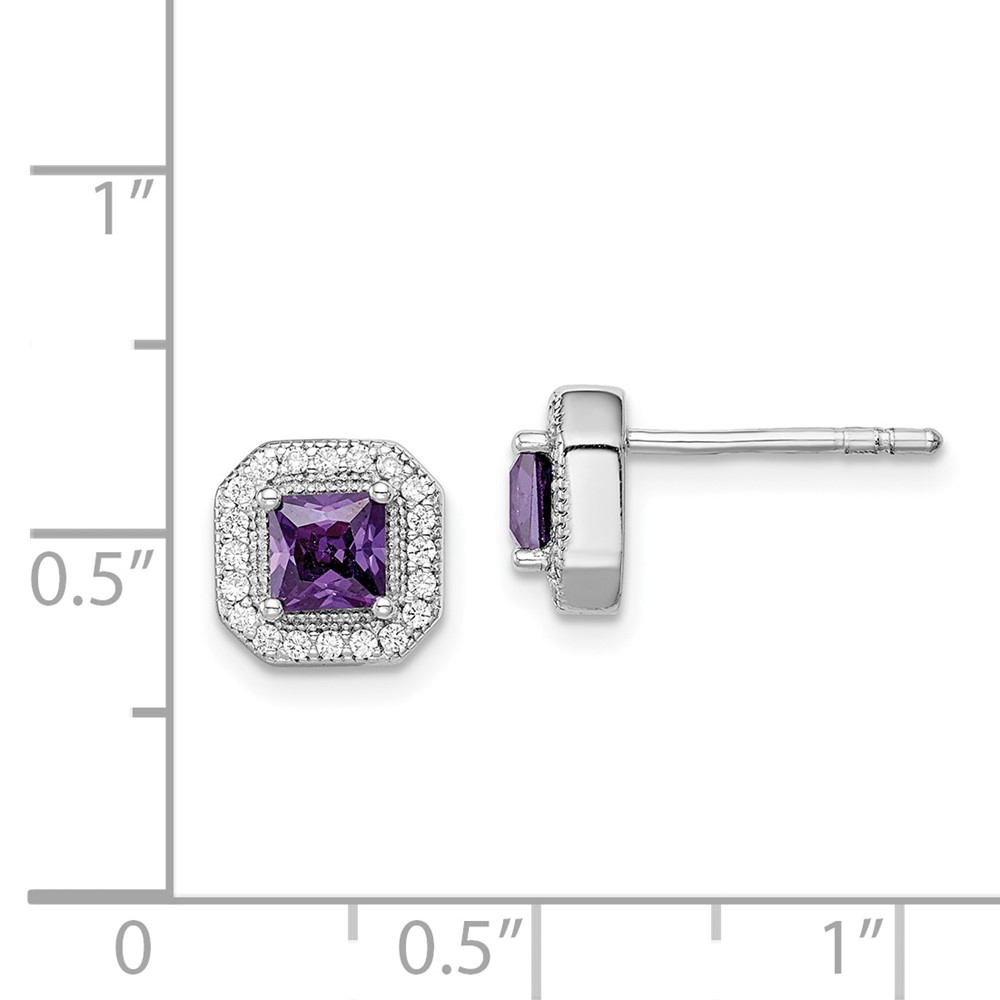 Sterling Silver Rhodium Plated Square Purple CZ and Clear CZ Post Earrings (QE14470FEB)