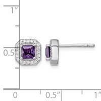 Sterling Silver Rhodium Plated Square Purple CZ and Clear CZ Post Earrings view 4