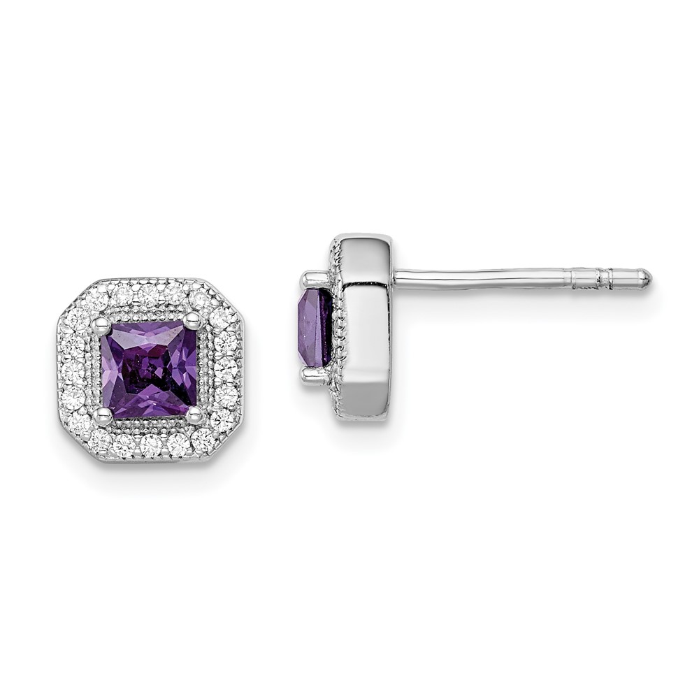 Sterling Silver Rhodium Plated Square Purple CZ and Clear CZ Post Earrings (QE14470FEB)