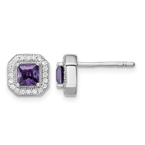 Sterling Silver Rhodium Plated Square Purple CZ and Clear CZ Post Earrings