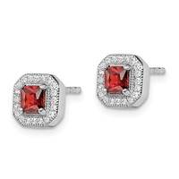 Sterling Silver Rhodium Plated Square Red CZ and Clear CZ Post Earrings view 2