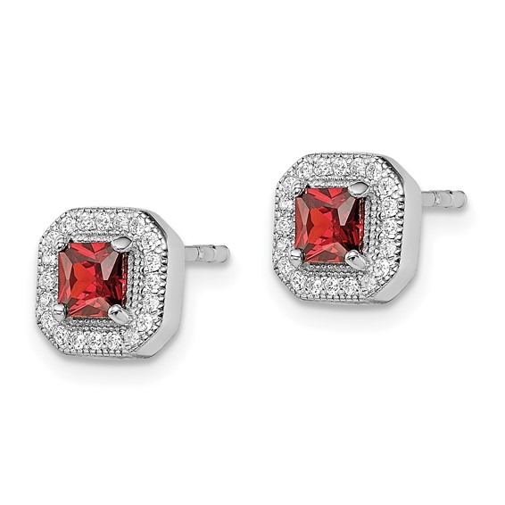 Sterling Silver Rhodium Plated Square Birthstone CZ and Clear CZ Post Earrings