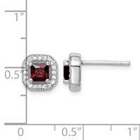 Sterling Silver Rhodium Plated Square Red CZ and Clear CZ Post Earrings view 4