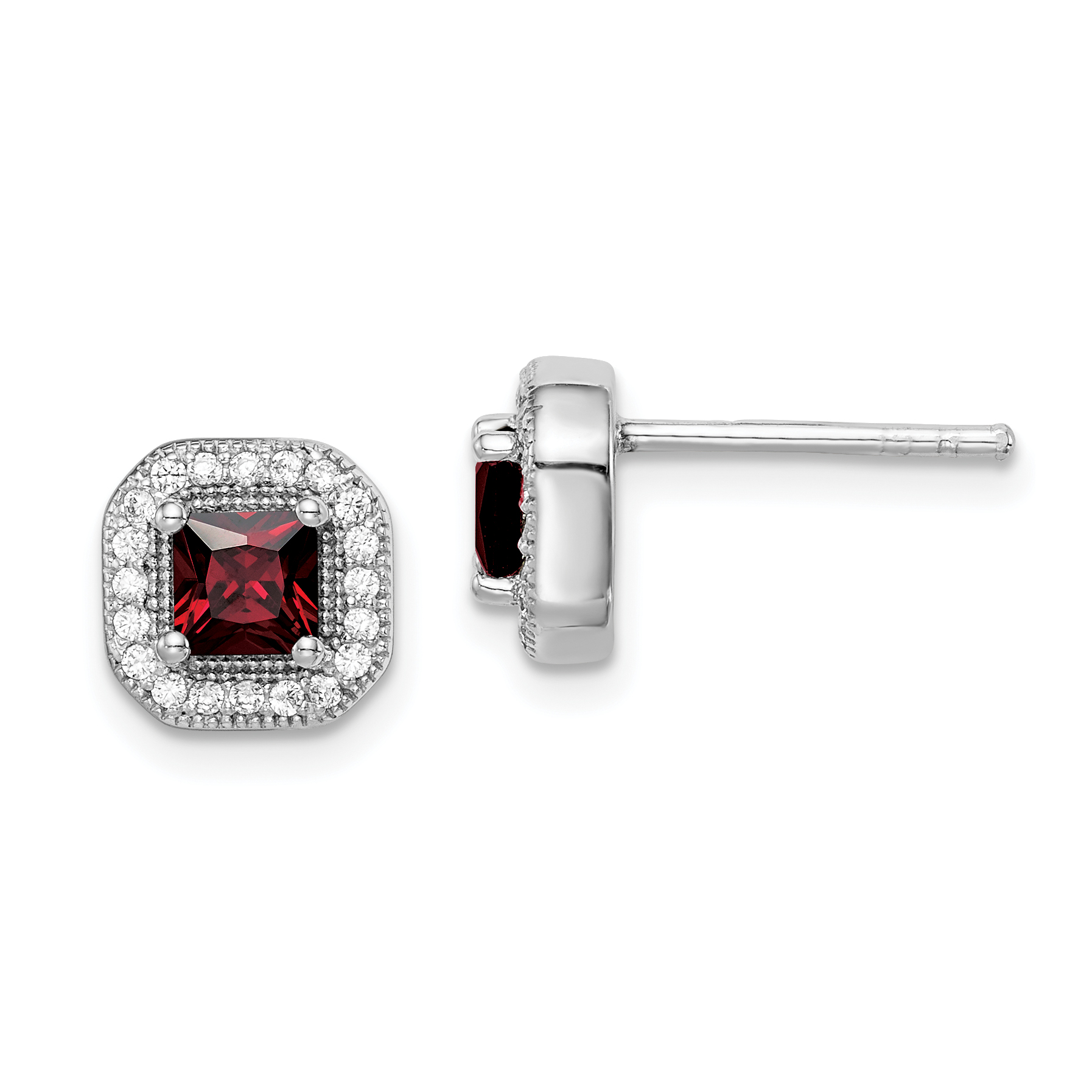 Sterling Silver Rhodium Plated Square Red CZ and Clear CZ Post Earrings (QE14470JAN)