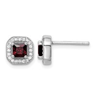Sterling Silver Rhodium Plated Square Red CZ and Clear CZ Post Earrings view 1