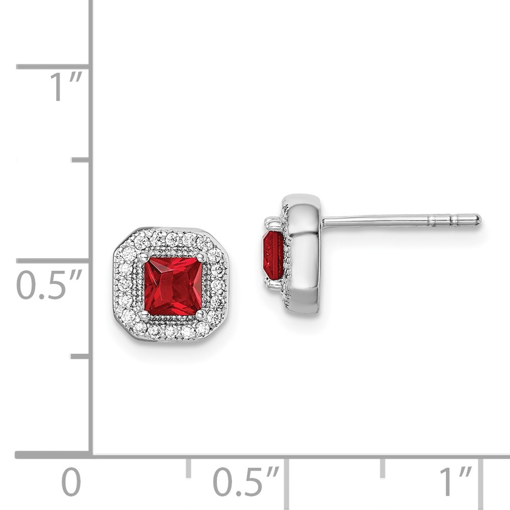 Sterling Silver Rhodium Plated Square Red CZ and Clear CZ Post Earrings (QE14470JUL)