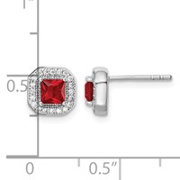 Sterling Silver Rhodium Plated Square Red CZ and Clear CZ Post Earrings view 4