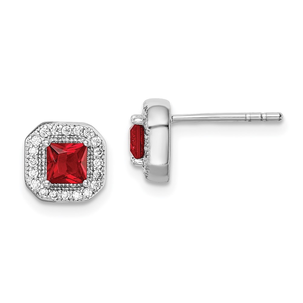 Sterling Silver Rhodium Plated Square Red CZ and Clear CZ Post Earrings (QE14470JUL)