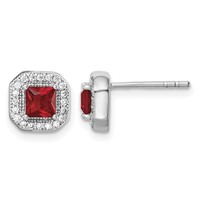 Sterling Silver Rhodium Plated Square Red CZ and Clear CZ Post Earrings view 1