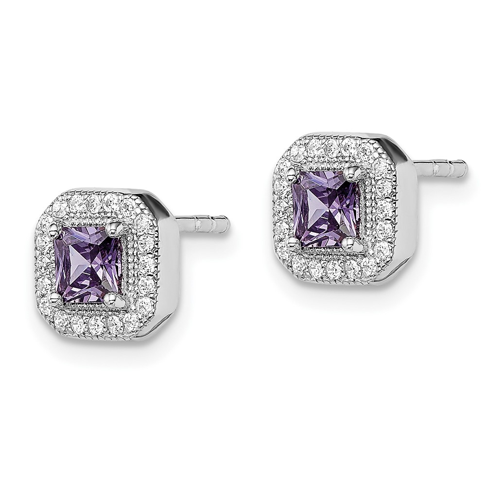 Sterling Silver Rhodium Plated Square Light Purple and Clear CZ Post Earrings (QE14470JUN)